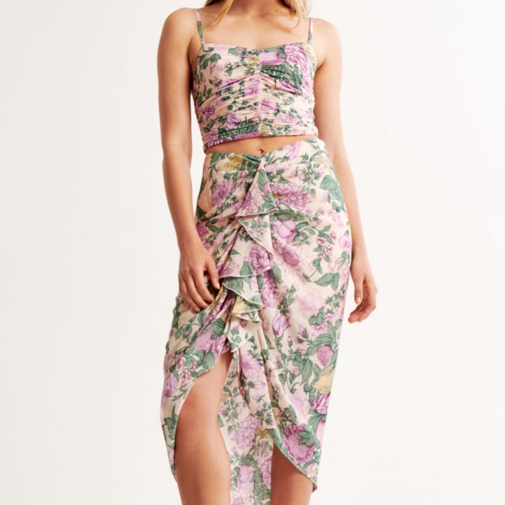 Abercrombie purple floral set with ruffle top and midi skirt